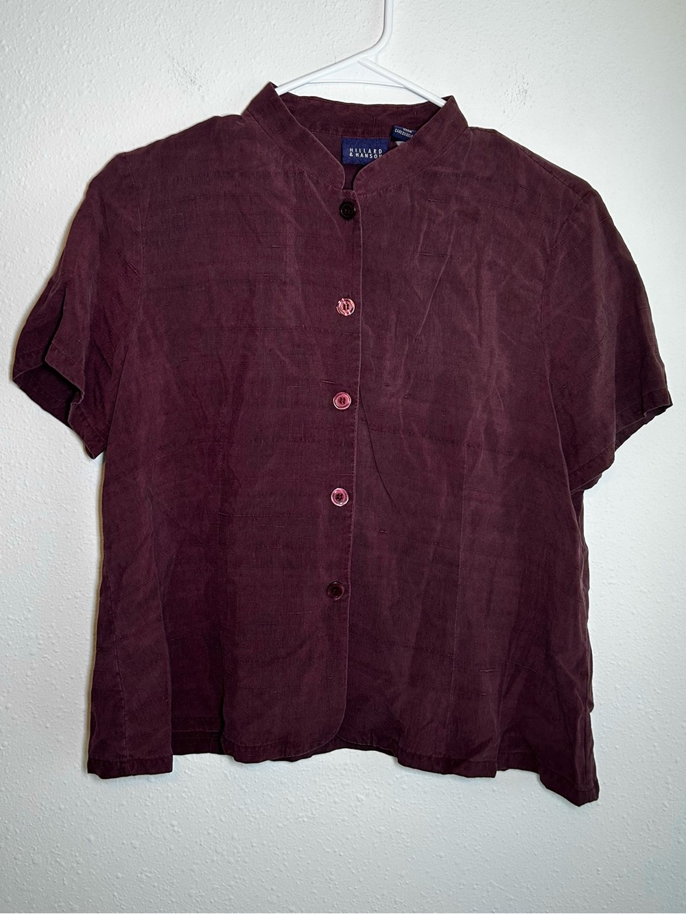 Hillard & Hanson 100% Silk Button Up Top Women’s L Purple Short Sleeve Lagenlook